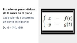 Ecuaciones paramétricas 
de la curva en el plano
Cada valor de t determina 
un punto en el plano: 
(x, y) = (f(t), g(t))

