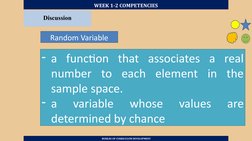 WEEK 1-2 COMPETENCIES
 BUREAU OF CURRICULUM DEVELOPMENT
Discussion
Random Variable
- a function that associates a real 
numbe