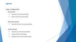 Agenda
Types of Digital Data

Structured

Sources of structured data

Ease with structured data

Semi-Structured

Source