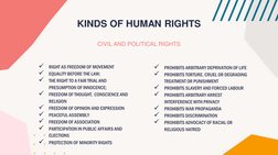 KINDS OF HUMAN RIGHTS
CIVIL AND POLITICAL RIGHTS

RIGHT AS FREEDOM OF MOVEMENT

EQUALITY BEFORE THE LAW;

THE RIGHT TO A F