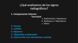 ¿Qué analizamos de los signos 
radiográficos?
1. Componente interno:
3. Límites
2. Forma
5. Ubicación y extensión
6. Interacc