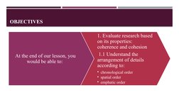 OBJECTIVES
At the end of our lesson, you 
would be able to: 
1. Evaluate research based 
on its properties: 
coherence and co