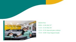 Quinta-Feira
08:00 - 11:00: RAC 07
11:10 - 12:10: RAC 04
12:10 - 13:10: Intervalo para o almoço
13:10 - 16:00: Usina Vargem G