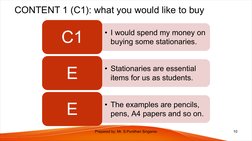 CONTENT 1 (C1): what you would like to buy
 
• I would spend my money on 
buying some stationaries.
C1
• Stationaries are ess
