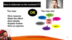 How to elaborate on the contents???
You may:
•Give reasons
•State the effect
•Give details
•Explain further
•Give an opinion
