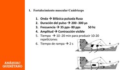 1. Fortalecimiento muscular Cuádriceps 
1. Onda  Bifásica pulsada Rusa 
2. Duración del pulso  200 -300 µs 
3. Frecuencia 