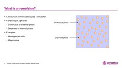 2
What is an emulsion?
A mixture of 2 immiscible liquids + emulsifier
Consisting of 2 phases:
Continuous or external phase