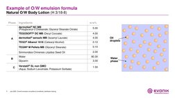 5
Example of O/W emulsion formula
Natural O/W Body Lotion (H 3/18-8)
Phase
Ingredients
w/w%
A
dermofeel® NC MB
(Polyglyceryl-