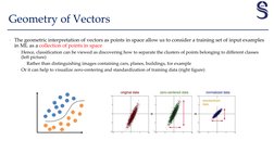 Geometry of Vectors
• The geometric interpretation of vectors as points in space allow us to consider a training set of input