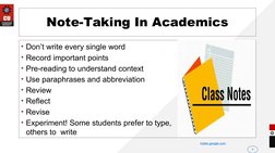 Note-Taking In Academics
• Don’t write every single word
• Record important points
• Pre-reading to understand context 
• Use