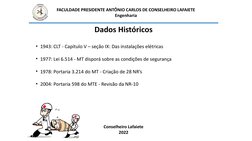 FACULDADE PRESIDENTE ANTÔNIO CARLOS DE CONSELHEIRO LAFAIETE
Engenharia
Dados Históricos
• 1943: CLT - Capítulo V – seção IX:
