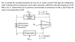 Por la unidad de acondicionamiento de aire de un coche circulan 0.05 kg/s de refrigerante 
134a. El fluido entra al compresor