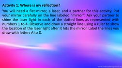 Activity 1: Where is my reflection?
You will need a flat mirror, a laser, and a partner for this activity. Put 
your mirror c
