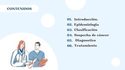 01.
02.
03.
04.
05.
06.
CONTENIDOS
Introducción.
Epidemiologia 
Clasificación 
Sospecha de cáncer
 Diagnostico 
Tratamiento
