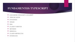 FUNDAMENTOS TYPESCRIPT
CONVERTIR TYPESCRIPT A JAVASRIPT
TIPOS DE DATOS
FUNCIONES
TIPADO
POO:
CLASES Y OBJETOS
METODOS