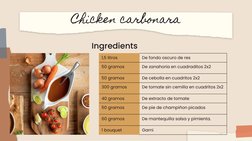 Chicken carbonara
1,5 litros
De fondo oscuro de res
50 gramos
De zanahoria en cuadraditos 2x2
50 gramos
De cebolla en cuadrit