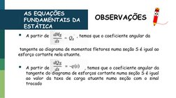 OBSERVAÇÕES
AS EQUAÇÕES 
FUNDAMENTAIS DA 
ESTÁTICA
▪
A partir de
, temos que o coeficiente angular da
tangente ao diagrama de