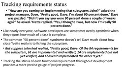 Tracking requirements status
• “How are you coming on implementing that subsystem, John?” asked the 
project manager, Dave. “
