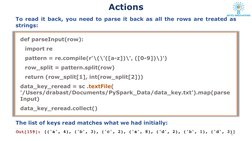 Actions 
def parseInput(row): 
import re 
pattern = re.compile(r'\(\'([a-z])\', ([0-9])\)') 
row_split = pattern.split(row)
