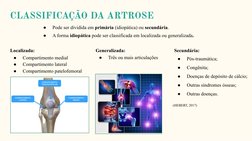 CLASSIFICAÇÃO DA ARTROSE
●
Pode ser dividida em primária (idiopática) ou secundária. 
●
A forma idiopática pode ser classific