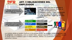 ART. 3 OBLIGACIONES DEL 
EMPLEADOR
Otorgar suministro de 
agua potable de consumo 
humano
Limpia y segura para que no suponga