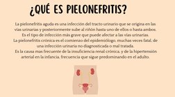 La pielonefritis aguda es una infección del tracto urinario que se origina en las
vías urinarias y posteriormente sube al riñ