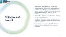 Objectives of 
Project
• To accurately detect and locate human faces.
• To minimize false positives and false negatives in 
f