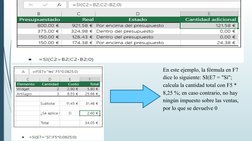 En este ejemplo, la fórmula en F7 
dice lo siguiente: SI(E7 = "Sí"; 
calcula la cantidad total con F5 * 
8,25 %; en caso cont