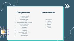 Componentes
Componentes
8  microservo sg9
2 servo mg90
2 motores dc 9v
1 motor dc 5v
controlador de servo pca9685
1 pan/tilt