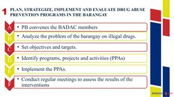 PLAN, STRATEGIZE, IMPLEMENT AND EVALUATE DRUG ABUSE 
PREVENTION PROGRAMS IN THE BARANGAY
1
A
• PB convenes the BADAC members