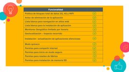 Funcionalidad
Política de bloqueo total de datos 3G, 4G y WIFI
Aviso de eliminación de la aplicación
Lista blanca para navega