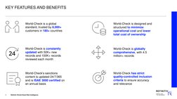 KEY FEATURES AND BENEFITS
World-Check is a global 
standard, trusted by 8,000+
customers in 180+ countries
World-Check is des