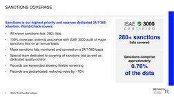 SANCTIONS COVERAGE
Sanctions is our highest priority and receives dedicated 24/7/365 
attention. World-Check covers: 
•
All k