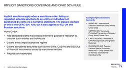 IMPLICIT SANCTIONS COVERAGE AND OFAC 50% RULE
Implicit sanctions apply when a sanctions order, listing or 
regulation extends