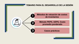 1
2
3
Métodos de valuación de costos 
de inventarios
TEMARIO PARA EL DESARROLLO DE LA SESIÓN
Método PEPS, UEPS, Costo 
promed