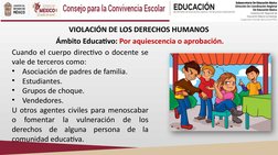 VIOLACIÓN DE LOS DERECHOS HUMANOS
 Ámbito Educativo: Por aquiescencia o aprobación.
Cuando el cuerpo directivo o docente se