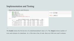 Implementation and Testing

Importing dataset and libraries
    
The head() returns the first n rows of a dataframe(default