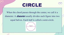CIRCLE
When the chord passes through the center, we call it a 
diameter. A diameter usually divides such figure into two 
equ