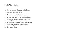 EXAMPLES 
1. I'm so hungry, I could eat a horse
2. My feet are killing me
3. That plane ride took forever
4. This is the best