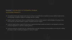 Module 2: Introduction to Competitor Analysis 
and Market Research
Competitive landscape analysis: Learn how to conduct compr