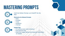 MASTERING PROMPTS
Craft the Perfect Prompt, Let ChatGPT Do the
Rest
Role,
Context
 Goal, 
Audience
 Format
Elements of a Robu