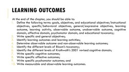 LEARNING OUTCOMES
At the end of the chapter, you should be able to:
1.
Define the following terms: goals, objectives, and edu