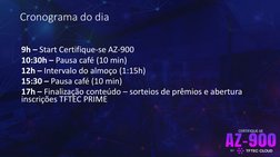 BY
CERTIFIQUE-SE
Cronograma do dia
9h – Start Certifique-se AZ-900
10:30h – Pausa café (10 min)
12h – Intervalo do almoço (1:
