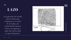 CLASE. DACTILOSCOPIA 
003
LAZO
Los patrones de recodo
tienen líneas que
empiezan en un lado
de la huella, van
aumentando haci