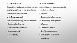✓Self-awareness
Recognizing and understanding our own
emotions, captured in the competency:
• Emotional self-awareness
✓Self-