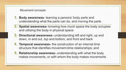 Movement concepts 
1. Body awareness- learning a persons’ body parts and 
understanding what the parts can do, and moving the