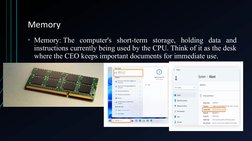 Memory
• Memory: The computer's short-term storage, holding data and 
instructions currently being used by the CPU. Think of