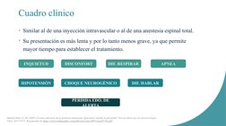 Cuadro clínico
• Similar al de una inyección intravascular o al de una anestesia espinal total. 
• Su presentación es más len
