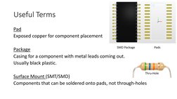Useful Terms
Pad 
Exposed copper for component placement
Package
Casing for a component with metal leads coming out.  
Usuall
