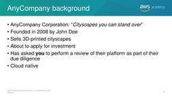 AnyCompany background 
• AnyCompany Corporation: “Cityscapes you can stand over” 
• Founded in 2008 by John Doe 
• Sells 3D-p
